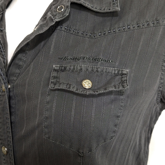 Harley Davidson Gray Moto Bikercore Long Sleeve Button Front Denim Jacket Size M - Picture 11 of 13